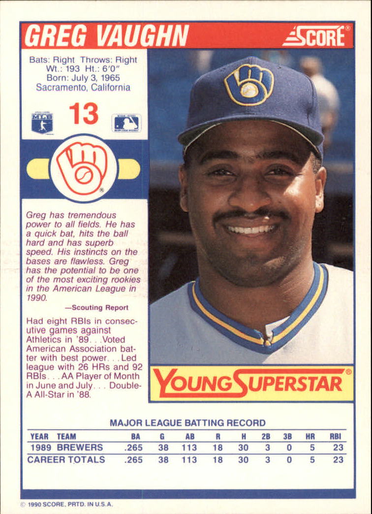 1990 Score Young Superstars I #13 Greg Vaughn back image