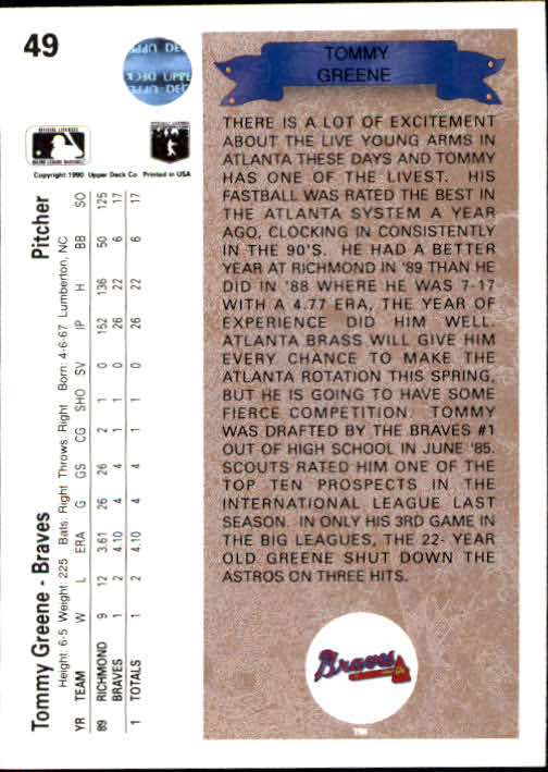 1990 Upper Deck #49 Tommy Greene RC UER/Livest should be/liveliest back image