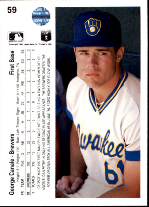 1990 Upper Deck #59 George Canale RC back image
