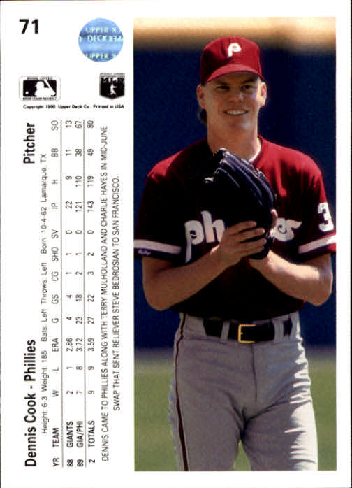 1990 Upper Deck #71 Dennis Cook UER/Shown with righty/glove on card back back image