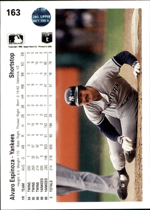 1990 Upper Deck #163 Alvaro Espinoza back image