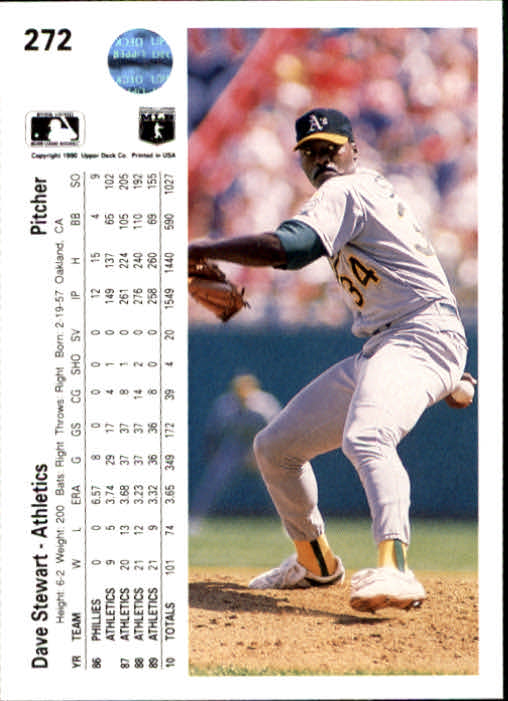 1990 Upper Deck #272 Dave Stewart UER/Totals wrong due to/omission of '86 stats back image