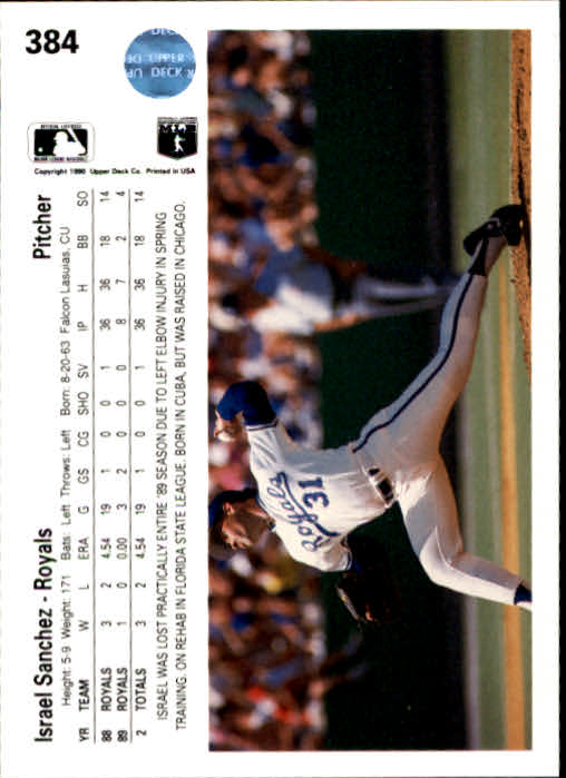 1990 Upper Deck #384 Israel Sanchez UER/Totals don't in-/clude '89 stats back image