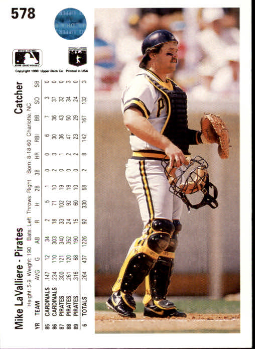 1990 Upper Deck #578 Mike LaValliere back image