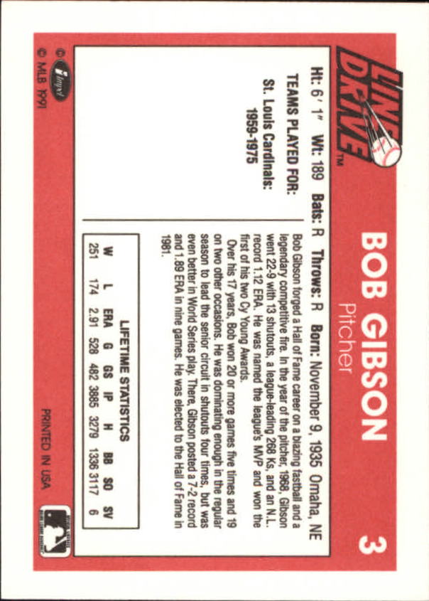 1991 Line Drive #3 Bob Gibson back image