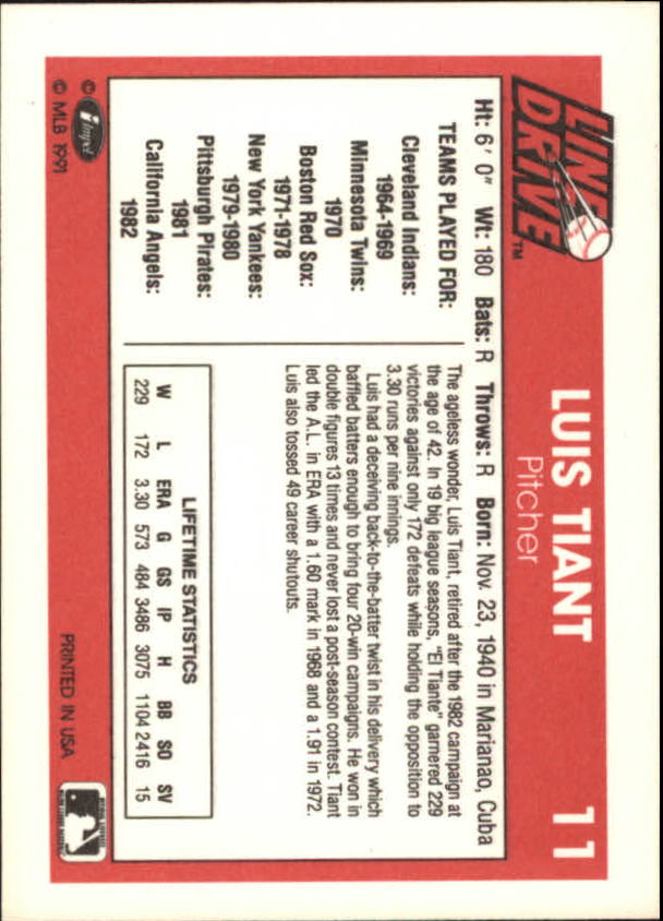 1991 Line Drive #11 Luis Tiant back image