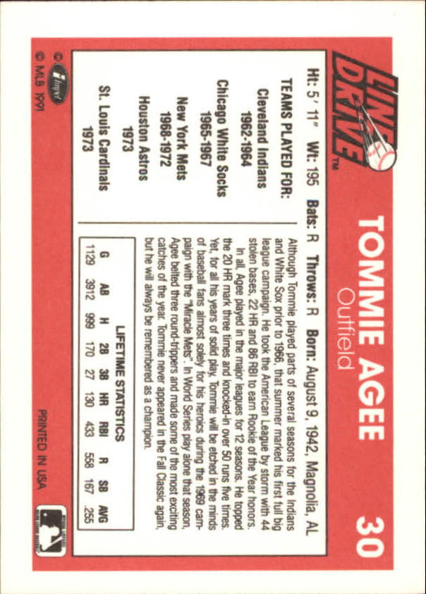 1991 Line Drive #30 Tommie Agee back image