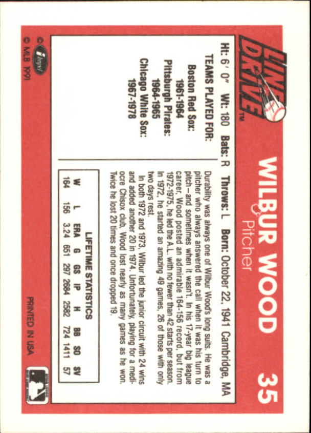 1991 Line Drive #35 Wilbur Wood back image