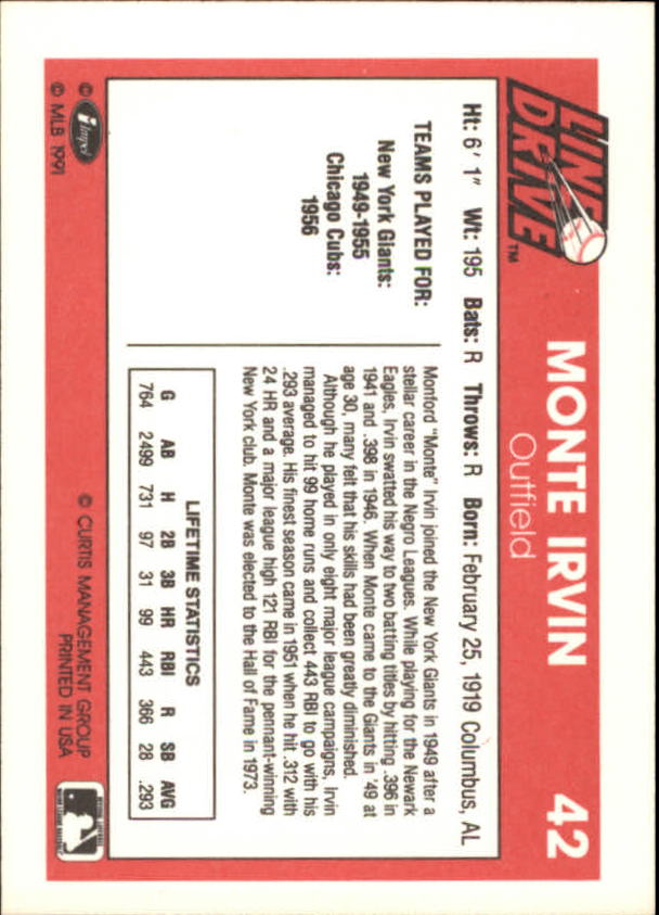 1991 Line Drive #42 Monte Irvin back image