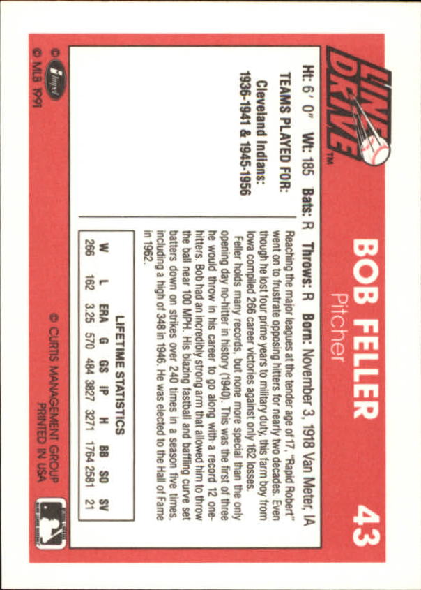 1991 Line Drive #43 Bob Feller back image