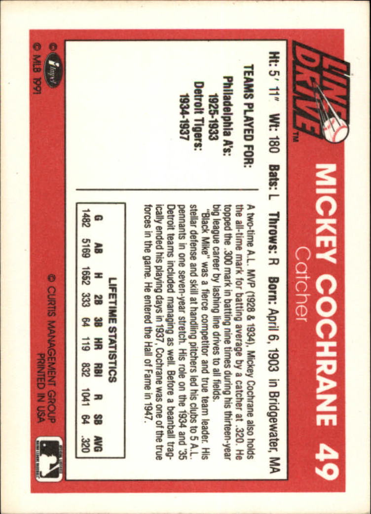 1991 Line Drive #49 Mickey Cochrane back image