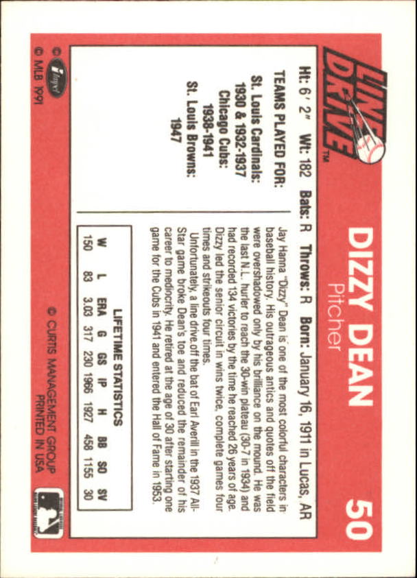 1991 Line Drive #50 Dizzy Dean back image