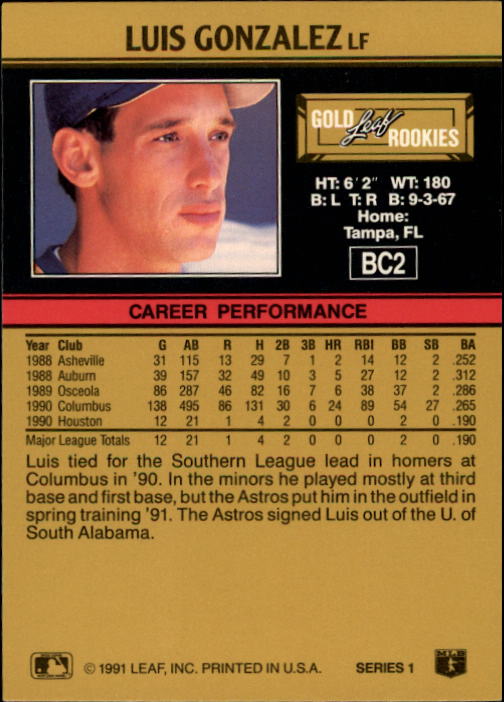 1991 Leaf Gold Rookies #BC2 Luis Gonzalez back image