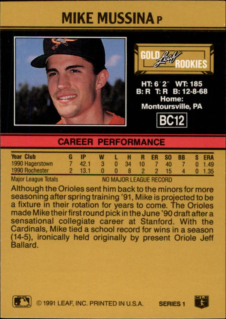 1991 Leaf Gold Rookies #BC12 Mike Mussina back image