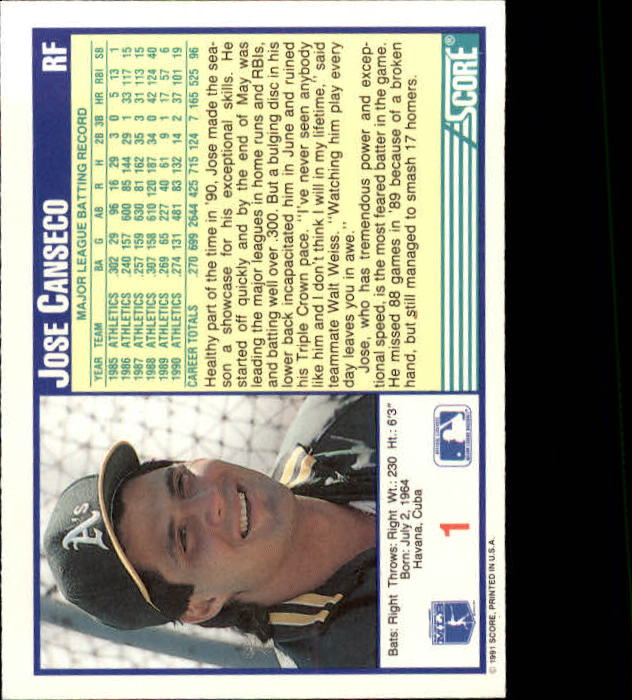 1991 Score #1 Jose Canseco back image