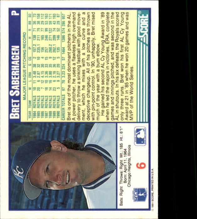 1991 Score #6 Bret Saberhagen UER/In bio, missed/misspelled as mised back image