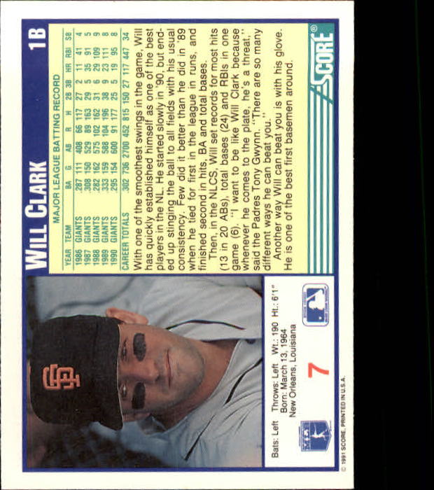 1991 Score #7 Will Clark back image