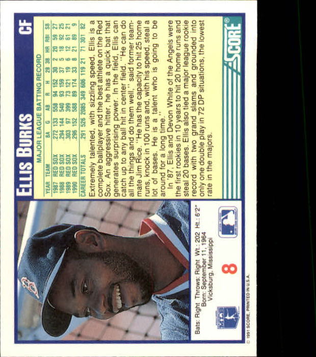 1991 Score #8 Ellis Burks back image