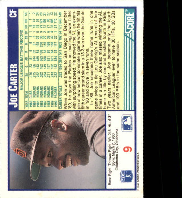 1991 Score #9 Joe Carter back image