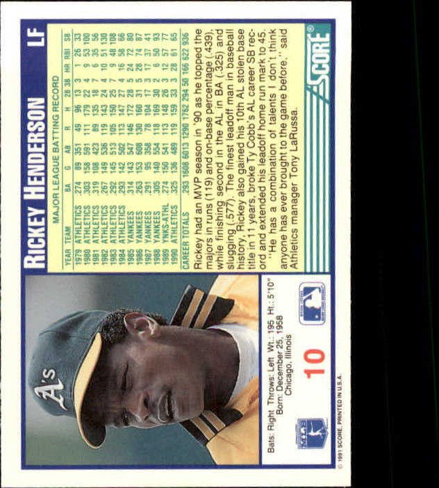 1991 Score #10 Rickey Henderson back image