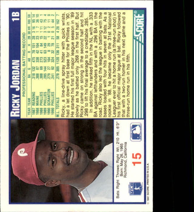 1991 Score #15 Ricky Jordan UER/League misspelled/as legue back image