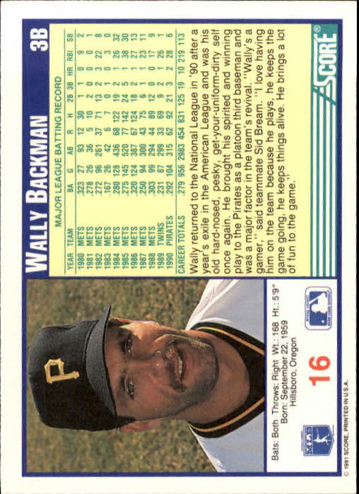 1991 Score #16 Wally Backman back image