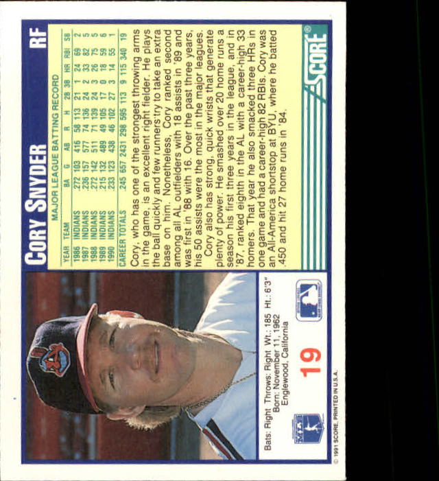 1991 Score #19 Cory Snyder back image