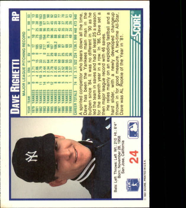 1991 Score #24 Dave Righetti back image