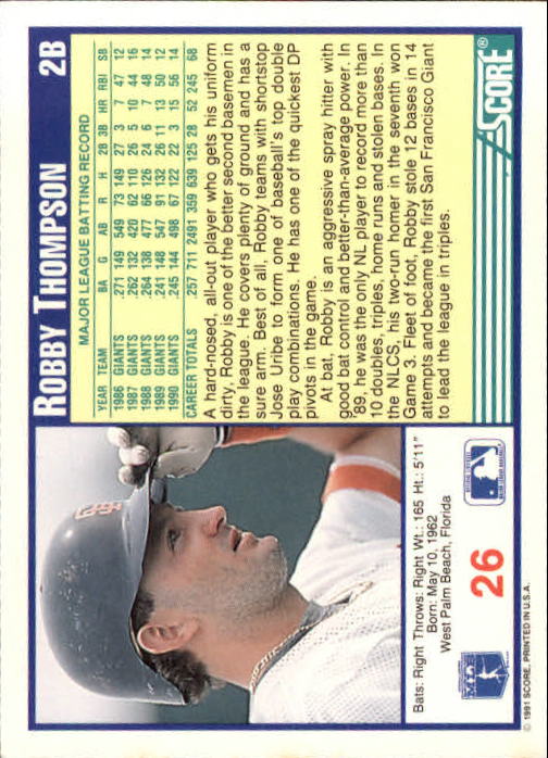 1991 Score #26 Robby Thompson back image