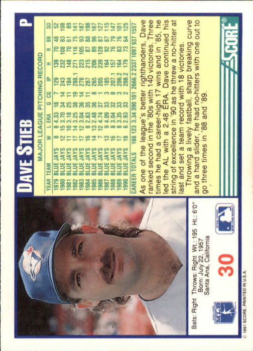 1991 Score #30 Dave Stieb UER/17 wins in bio,/18 in stats back image