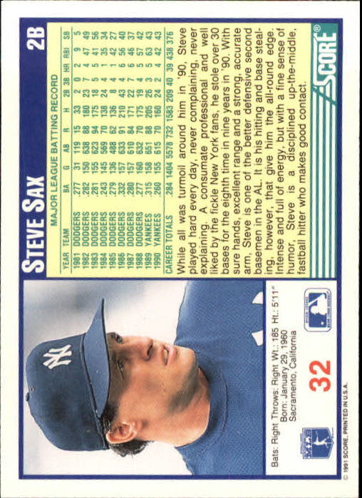 1991 Score #32 Steve Sax back image