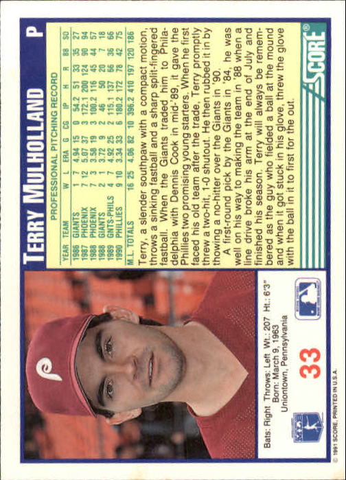 1991 Score #33 Terry Mulholland back image