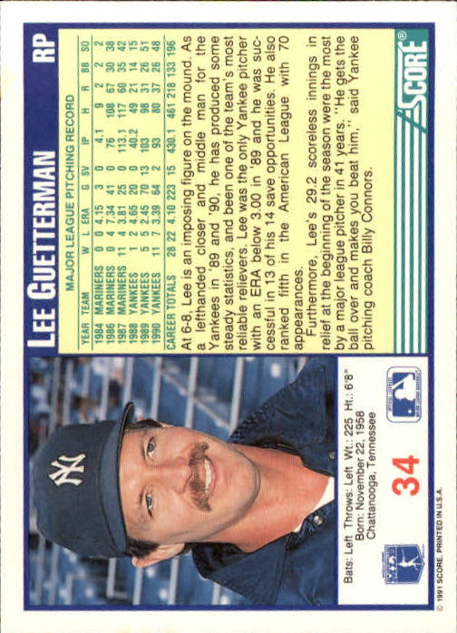 1991 Score #34 Lee Guetterman back image