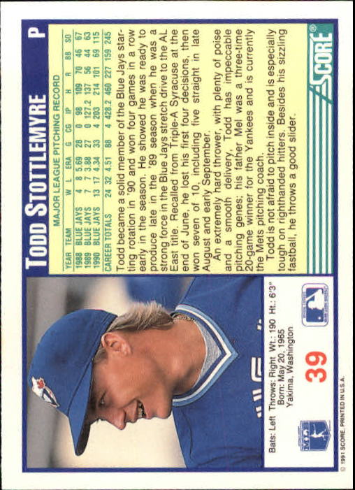 1991 Score #39 Todd Stottlemyre back image