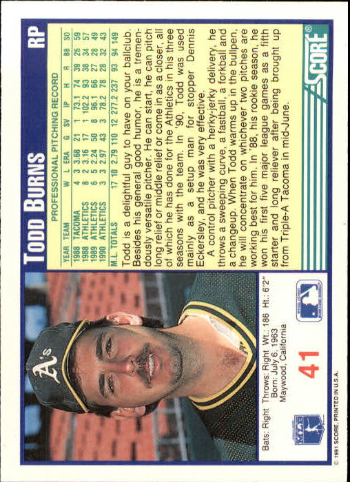 1991 Score #41 Todd Burns back image