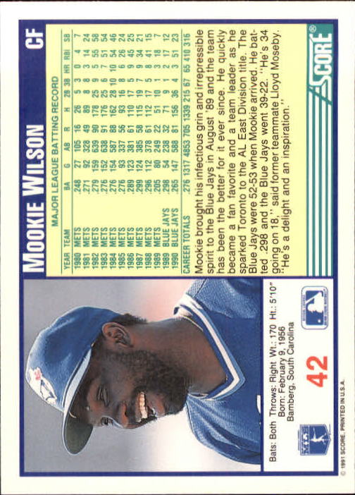 1991 Score #42 Mookie Wilson back image