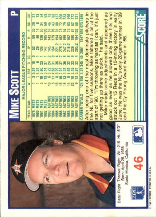 1991 Score #46 Mike Scott UER/In first line,/dominate should/read dominating back image