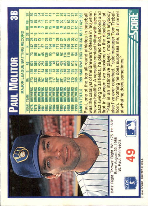 1991 Score #49 Paul Molitor back image