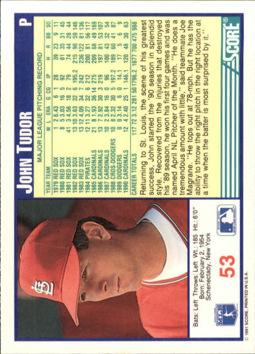 1991 Score #53 John Tudor UER/41 wins in '81 back image