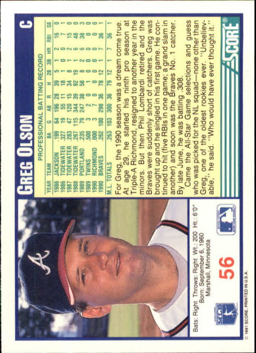 1991 Score #56 Greg Olson back image