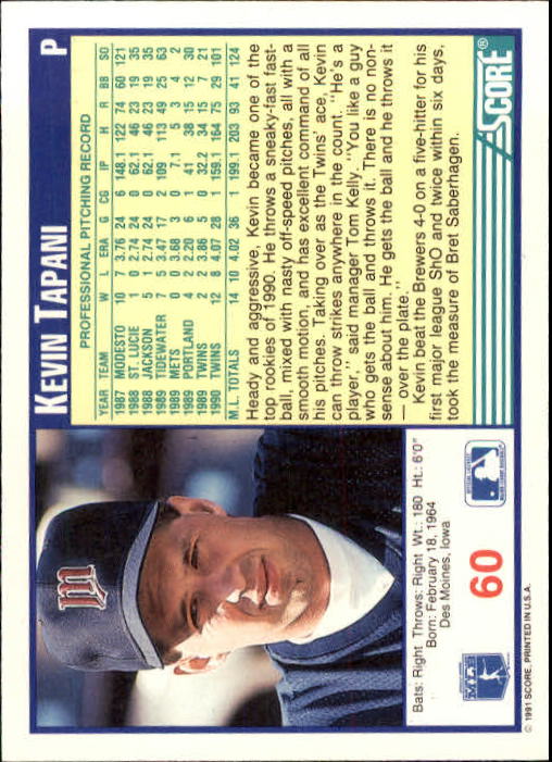 1991 Score #60 Kevin Tapani back image