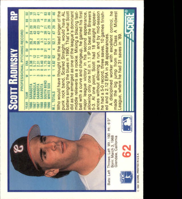 1991 Score #62 Scott Radinsky back image