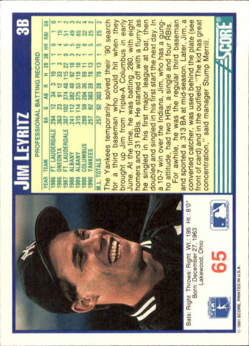 1991 Score #65 Jim Leyritz back image