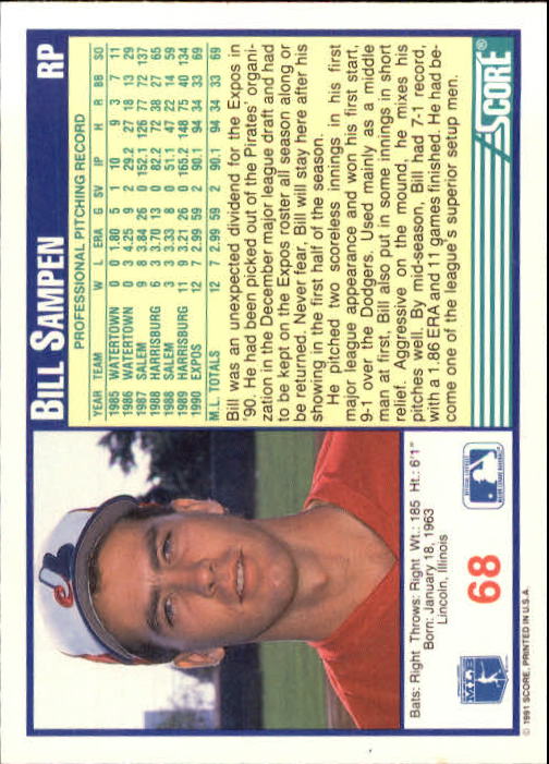 1991 Score #68 Bill Sampen UER/Fourth line, long is spelled along back image