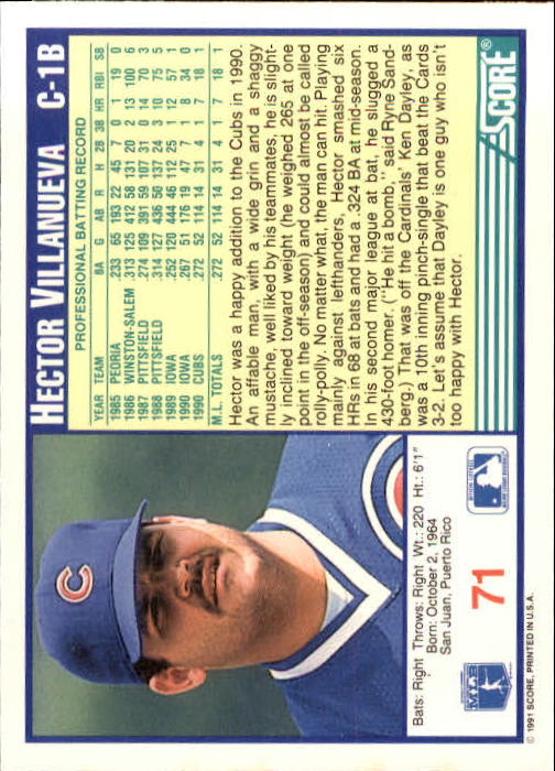 1991 Score #71 Hector Villanueva back image