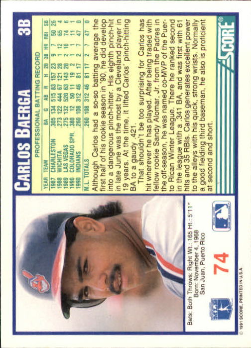 1991 Score #74 Carlos Baerga back image