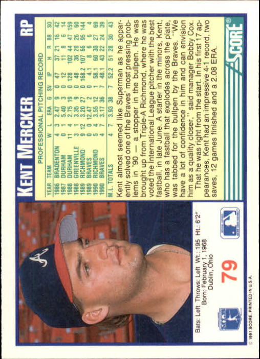 1991 Score #79 Kent Mercker back image