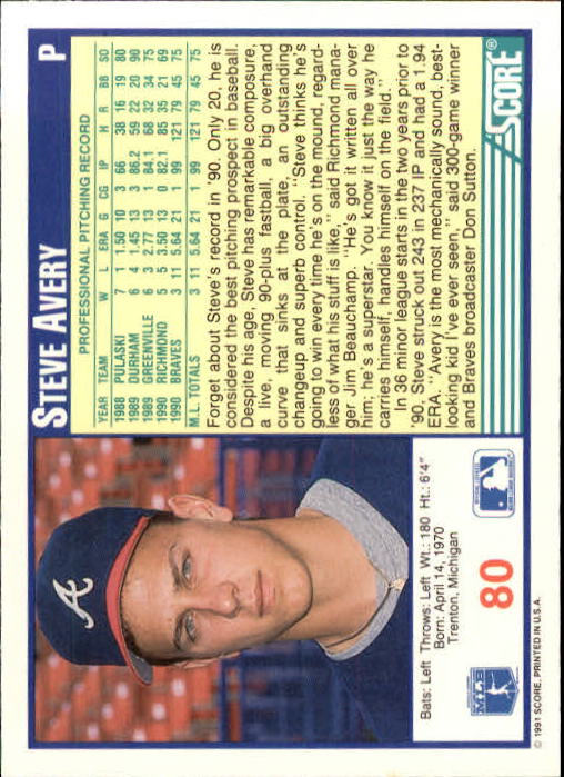 1991 Score #80 Steve Avery back image