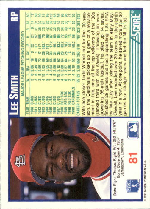 1991 Score #81 Lee Smith back image