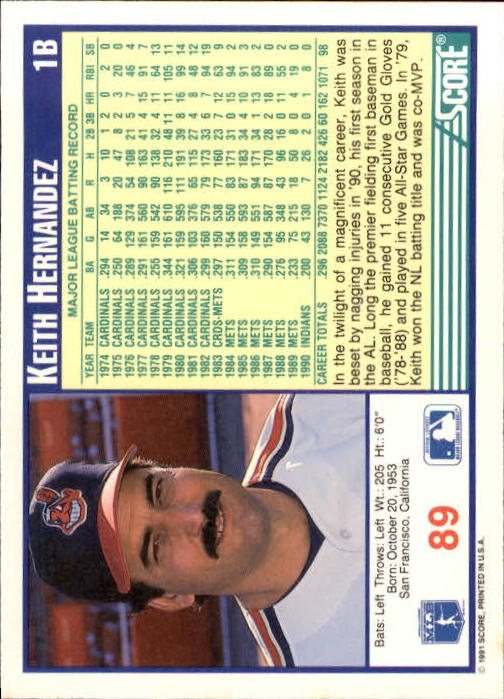 1991 Score #89 Keith Hernandez back image